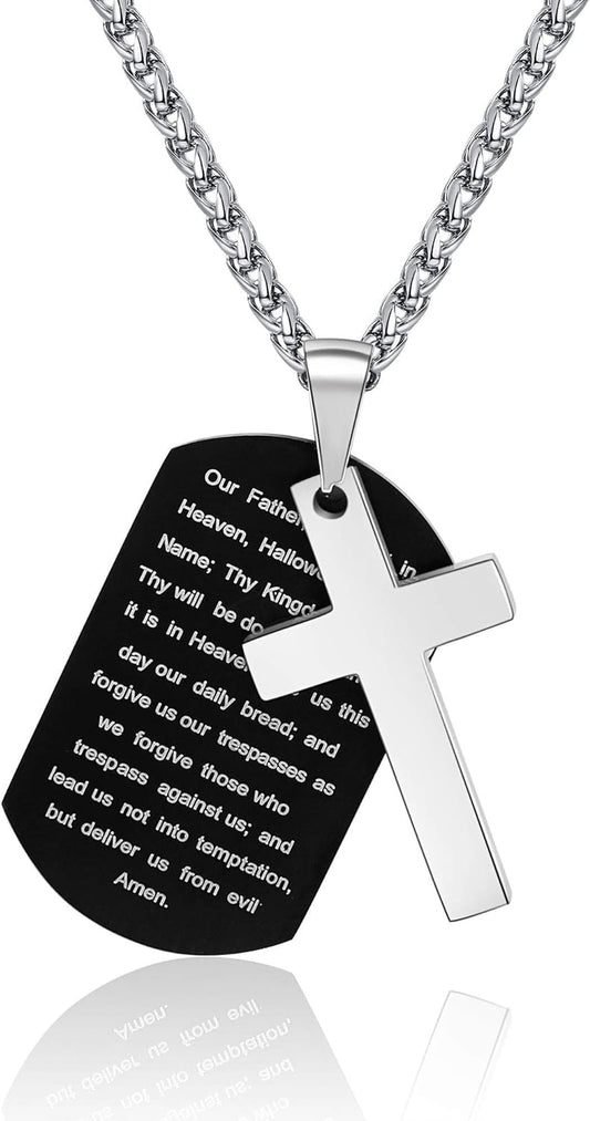 Dog Tag Cross Necklace Gifts for Men Boys, Stainless Steel Bible Verse Pendant Chain Necklace Valentines Christian Religious Jewelry Gifts for Him