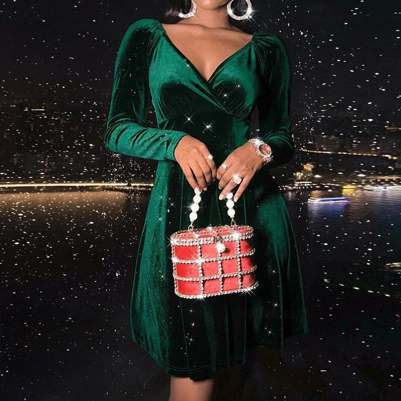 Autumn Festival Christmas Long Sleeve V-Neck Dress