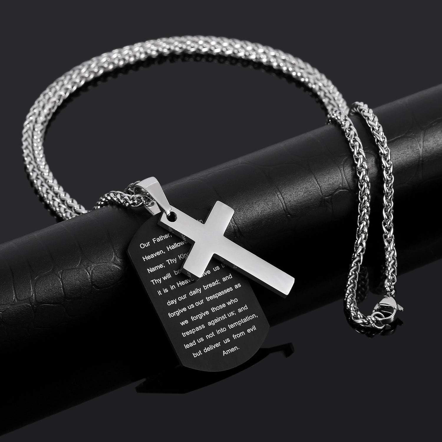 Dog Tag Cross Necklace Gifts for Men Boys, Stainless Steel Bible Verse Pendant Chain Necklace Valentines Christian Religious Jewelry Gifts for Him
